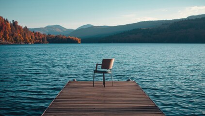 Vacant wooden dock with a single chair overlooking a calm lake, ideal for peaceful reflection