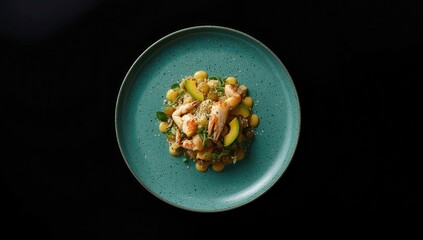 Crab, avocado, and quinoa salad presented on a turquoise speckled plate, focusing on wholesome cuisine for dietary choices