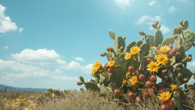 Summer scene with flowering prickly pear plants in rural landscape, emphasizing fruit and lush green foliage