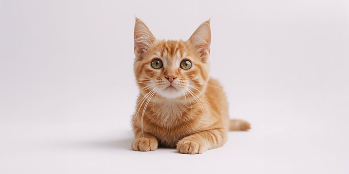 Orange feline isolated on white, focusing on relaxed posture, pet health and well-being, animal photography