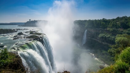Obraz premium Water and sky scene at Victoria Falls Zimbabwe emphasizing scenic landscape with mountains and lush greenery