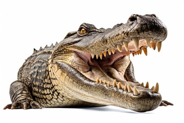 Obraz premium Alligator showing sharp teeth and powerful jaws, isolated on white background
