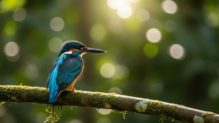 forest birds, close up, kingfisher perched on mossy branch sunlight filtering through lush green forest canopy