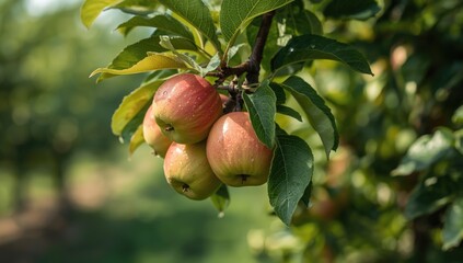 Gravenstein Apples maturing on branch with vibrant green foliage, suitable for seasonal harvest imagery