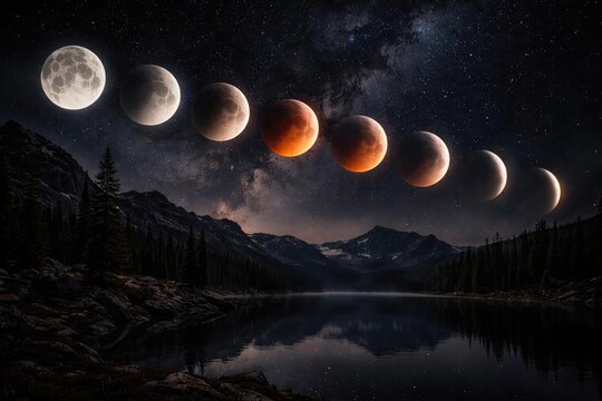 Astronomical nighttime capture of lunar eclipse phases - Powered by Adobe