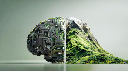 Visual focuses on a human brain split with a circuit board and a mountain landscape. This shows the contrast between technology and nature in a unique way
