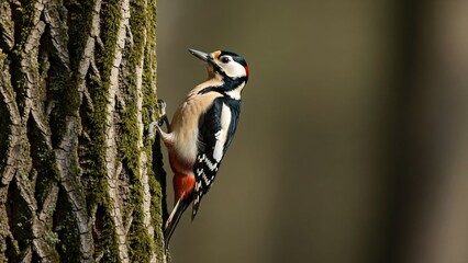 Elegant woodpecker clinging to oak tree trunk forest backdrop