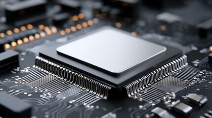 Macro close-up view of a central processing unit (CPU) on a circuit board