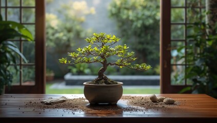Small ceramic container holding a developing bonsai, focusing on plant care and sustainability