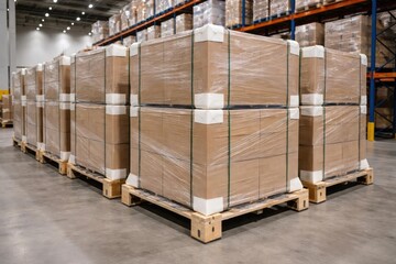 Industrial storage with large packaging boxes bundled in protective plastic and secured by corner guards on L shaped pallet frames