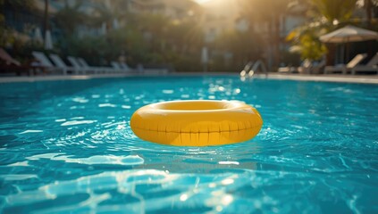 Yellow pool float ring in water used for recreation, aquatic activity safety