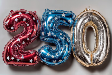 USA 250 metallic foil balloons in red blue and silver with star patterns isolated on light grey background for patriotic celebration or anniversary decoration studio photo