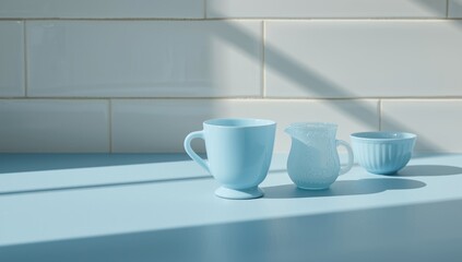 Children's milk set with glass cup, pitcher, and bowl on a blue countertop, highlighting child nutrition and meal preparation
