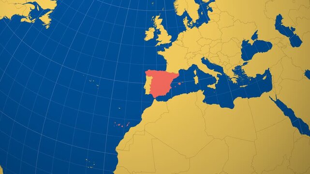Spain on Globe. Animated zoom into the country in Ocean Blue Golden Yellow color palette. Spain logo animation. Map with meridians, parallels. Trending video.
