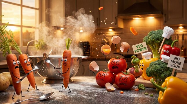 A whimsical and humorous kitchen revolt as animated vegetables stage a dramatic uprising against the bubbling cooking pot, a lively culinary adventure