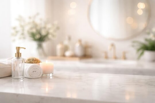 Softly blurred bathroom setting with polished counter surface and studio light backdrop