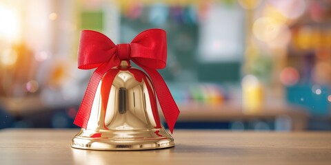 School bell with a red bow, symbol of school opening or graduation, education theme