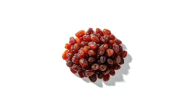 Dried grapes arranged on a plain white surface highlighting their texture, suitable for healthy snacking