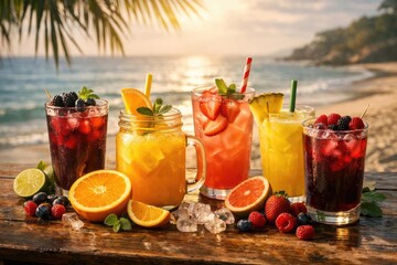 Tropical citrus and berry juices arranged on a table by a calm, sandy beach