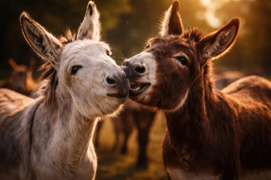 Lively white and brown donkeys engaged in social interaction