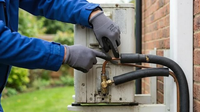 Sustainable business perspective strategies concept. Technician servicing an outdoor air conditioning unit.