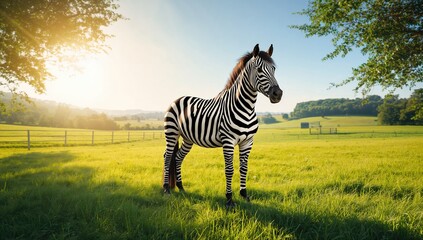 Fototapeta premium Striped horse with a hood in a grassy area, showcasing animal patterning