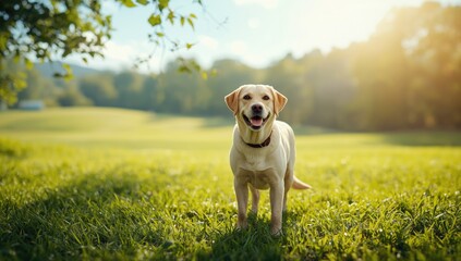 Fawn-colored Labrador retriever outdoors on grass, emphasizing breed's gentle temperament, World Animal Day