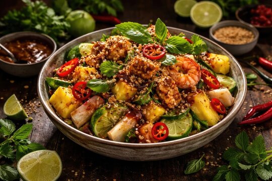 Lush rojak salad bowl featuring fresh produce with lime and herb decoration