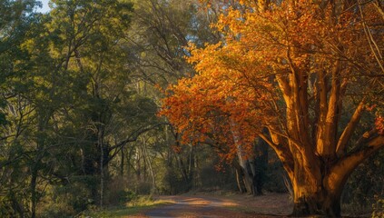 Obraz premium Gold mining town setting with liquid amber trees and autumn leaves, nature scene for environmental awareness