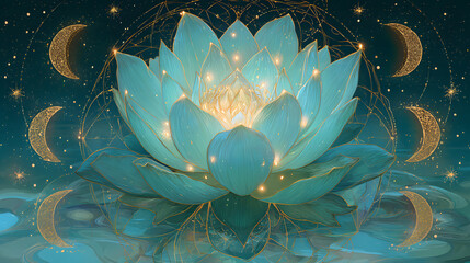 Glowing blue lotus with golden moons and cosmic light