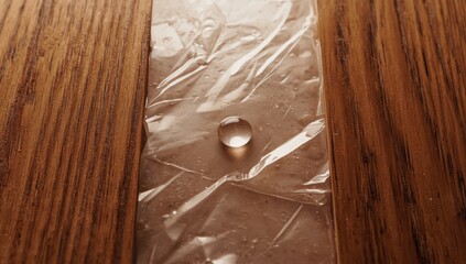 Water drop resting on a round wooden surface protected by waterproof plastic wrap, highlighting sealing techniques