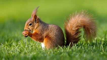Obraz premium Detailed shot of a squirrel holding a nut in green grass, showcasing natural feeding activity, wildlife photography