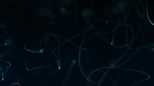 Abstract blue particle strings and flowing digital energy lines forming futuristic motion background, technology data flow, depth and light, 4K, 60fps, seamless loop.