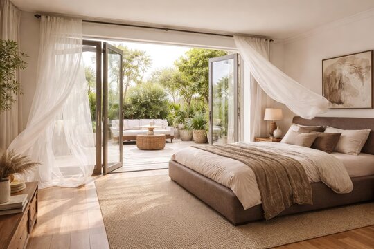 Contemporary sleeping space with brown fabric bed and wide folding doors overlooking patio with curtains fluttering from wind