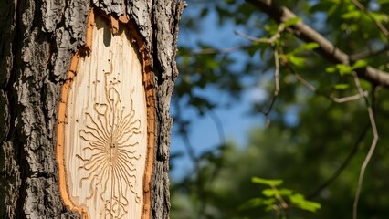 Intricate carving on the bark of a tree trunk in a forest nature