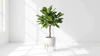 Fototapeta premium Realistic green foliage in a modern pot on a white backdrop, indoor plant care