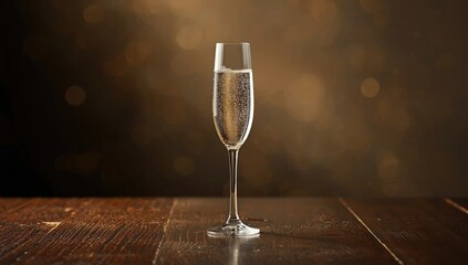 Champagne glass placed on a table with a soft-focus background, suitable for celebration themes