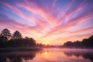 Refreshing early daybreak with pastel pink and purple cirrus clouds scattering across the sky