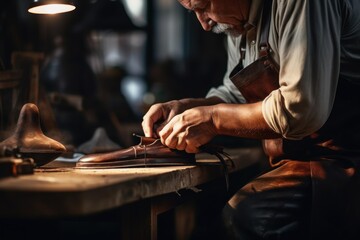 Artisan shoemaker lacing a custom made brown leather shoe with skill and tradition