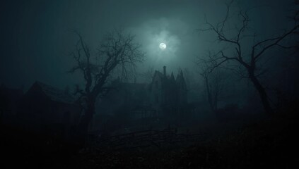 Fototapeta premium Hunted settlement enveloped in dense fog, creating an eerie ambiance