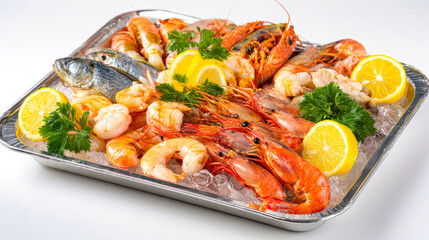 A large tray displays fresh shrimp, fish, and lemon slices on ice, surrounded by greens, creating a vibrant scene for seafood lovers and culinary enthusiasts