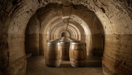 Cellared wine barrels in a champagne cave, highlighting traditional aging methods