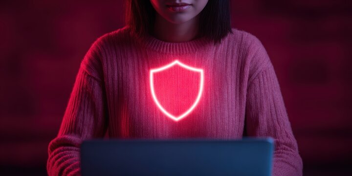safer internet day Young person works on a laptop in dim red lighting with a bright neon shield displayed on their