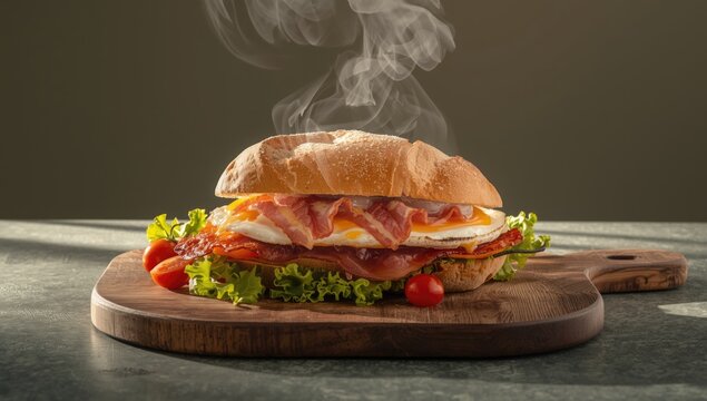 Bread-based breakfast with smoked bacon and eggs on a wooden surface, emphasizing protein content