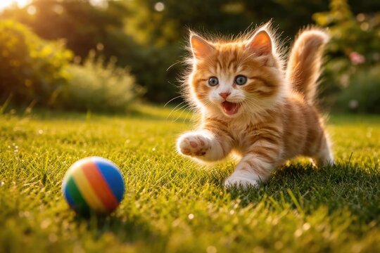 Happy young kitten chasing a ball on a lush green grass lawn full length with energetic summer vibes