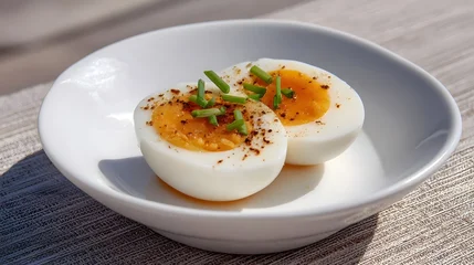 Close up of two halves of a seasoned boiled egg sprinkled with fresh chives and black pepper elegantly served in a white bowl on a textured surface © Bussakon