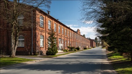 Obraz premium Brick industrial building with multiple windows and a long road perspective
