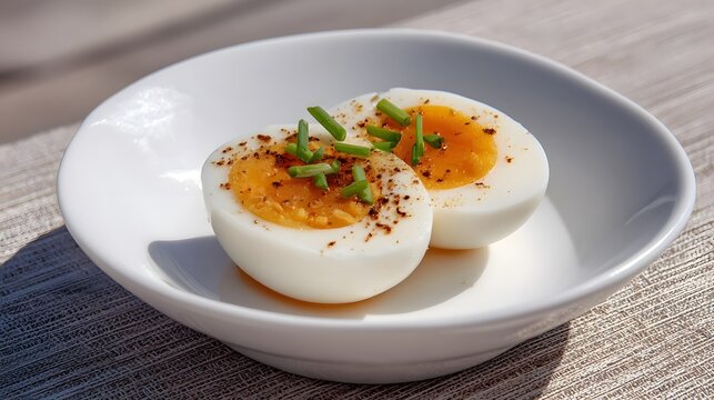 Close up of two halves of a seasoned boiled egg sprinkled with fresh chives and black pepper elegantly served in a white bowl on a textured surface