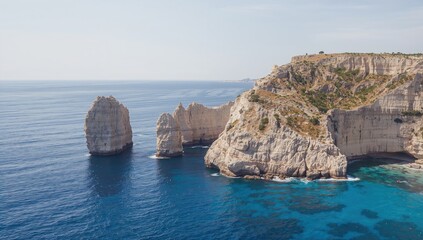 Obraz premium Punta Giradili in Sardinia, rocky shoreline with steep cliffs and ocean, ideal for nature photography backdrops
