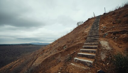 Steep concrete steps ascend a barren hillside with sparse vegetation beneath cloudy skies, Latvia